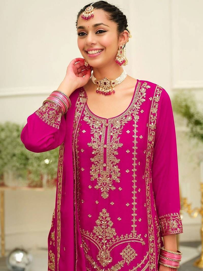 women ethnic motifs embroidered regular mirror work kurta with palazzos & with dupatta