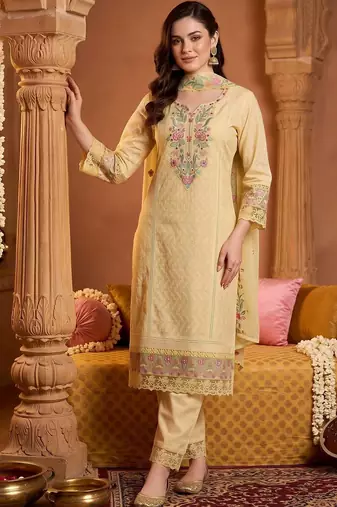 women floral embroidered regular thread work cotton kurta with trousers & with dupatta