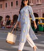 women printed regular cotton kurta with trousers