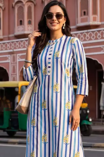 women printed regular cotton kurta with trousers