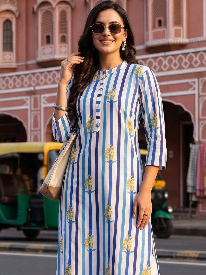 women printed regular cotton kurta with trousers