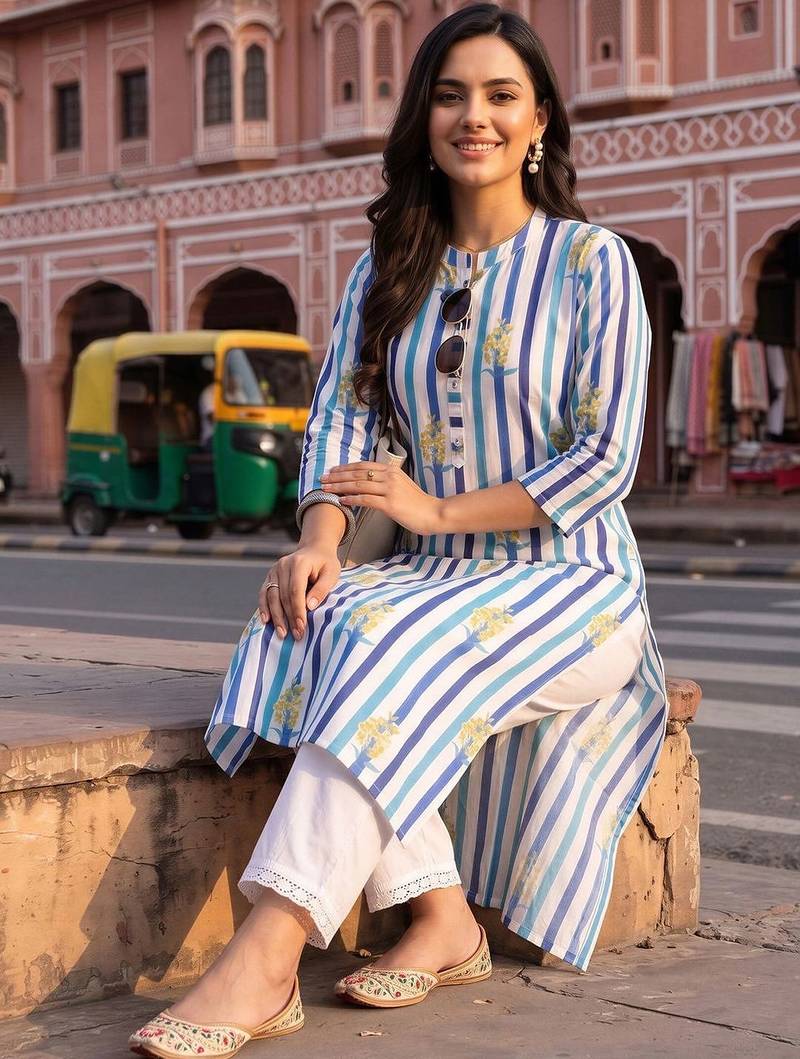 women printed regular cotton kurta with trousers