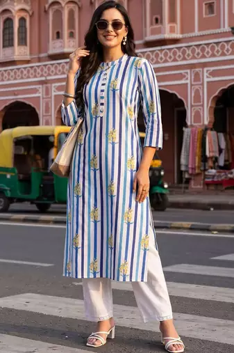women printed regular cotton kurta with trousers
