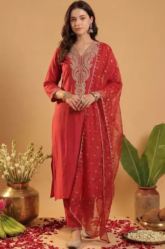 women ethnic motifs embroidered regular thread work liva kurta with trousers & with dupatta