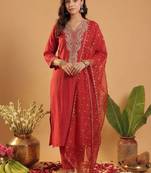 women ethnic motifs embroidered regular thread work liva kurta with trousers & with dupatta