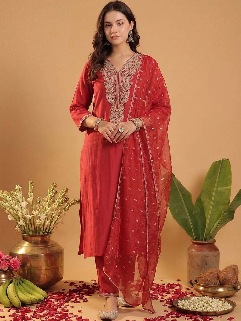women ethnic motifs embroidered regular thread work liva kurta with trousers & with dupatta