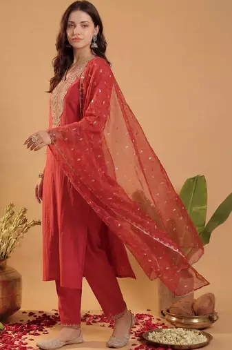 women ethnic motifs embroidered regular thread work liva kurta with trousers & with dupatta