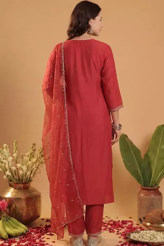 women ethnic motifs embroidered regular thread work liva kurta with trousers & with dupatta
