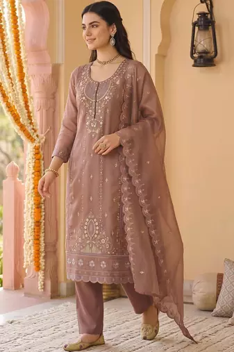 women ethnic motifs embroidered regular beads and stones kurta with trousers & with dupatta