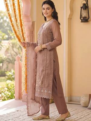 women ethnic motifs embroidered regular beads and stones kurta with trousers & with dupatta 3