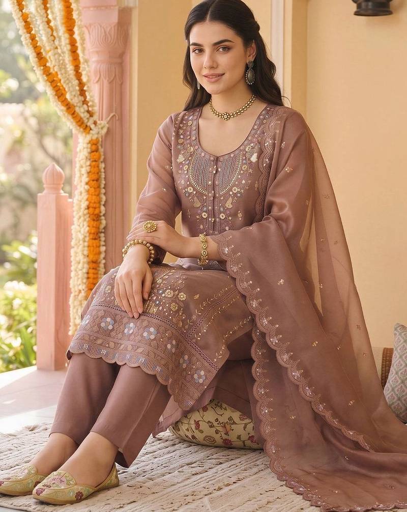 women ethnic motifs embroidered regular beads and stones kurta with trousers & with dupatta