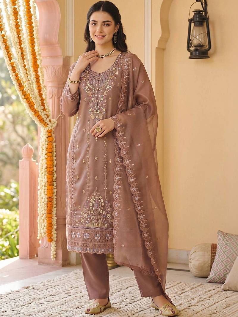 women ethnic motifs embroidered regular beads and stones kurta with trousers & with dupatta