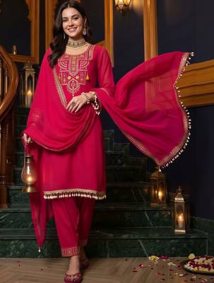 women ethnic motifs embroidered regular thread work kurta with trousers & with dupatta 1