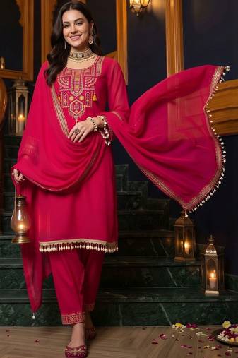 women ethnic motifs embroidered regular thread work kurta with trousers & with dupatta