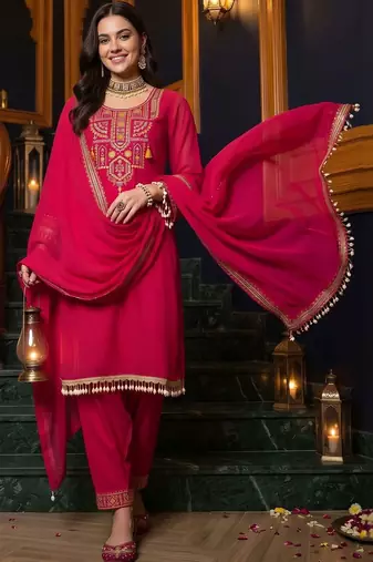 women ethnic motifs embroidered regular thread work kurta with trousers & with dupatta