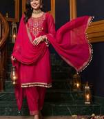 women ethnic motifs embroidered regular thread work kurta with trousers & with dupatta