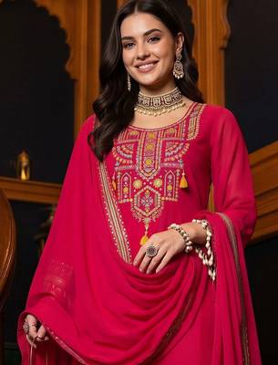 women ethnic motifs embroidered regular thread work kurta with trousers & with dupatta 2