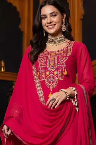 women ethnic motifs embroidered regular thread work kurta with trousers & with dupatta