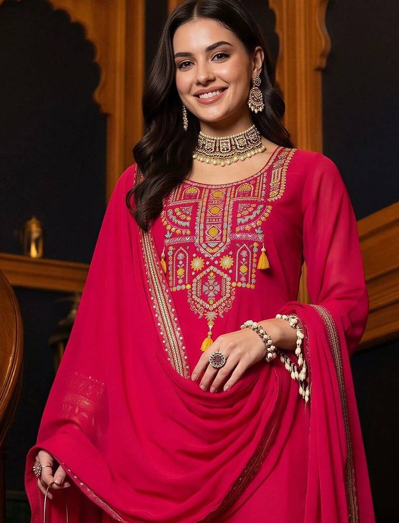 women ethnic motifs embroidered regular thread work kurta with trousers & with dupatta