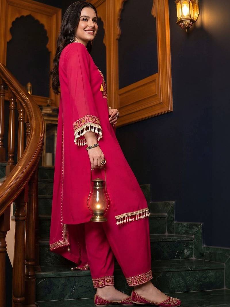 women ethnic motifs embroidered regular thread work kurta with trousers & with dupatta