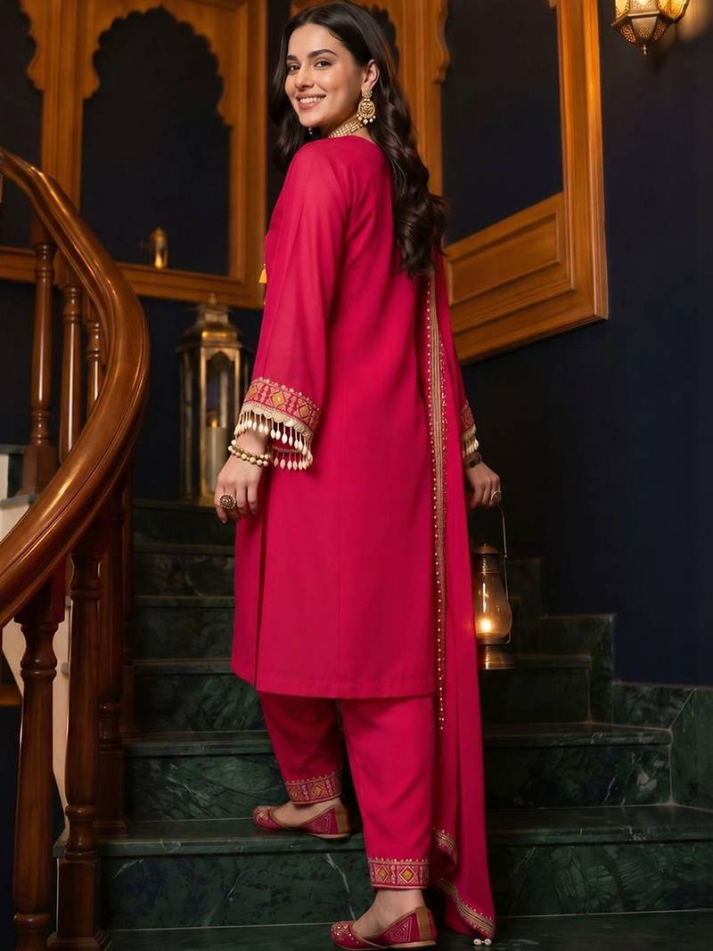 women ethnic motifs embroidered regular thread work kurta with trousers & with dupatta