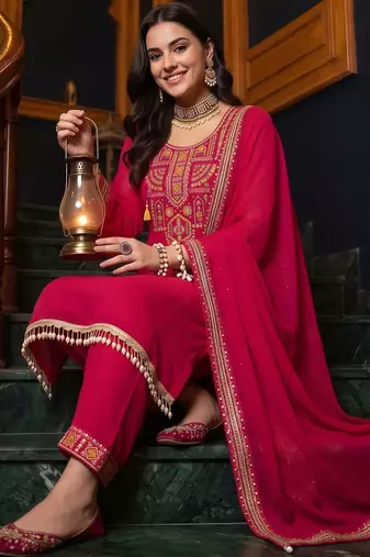 women ethnic motifs embroidered regular thread work kurta with trousers & with dupatta