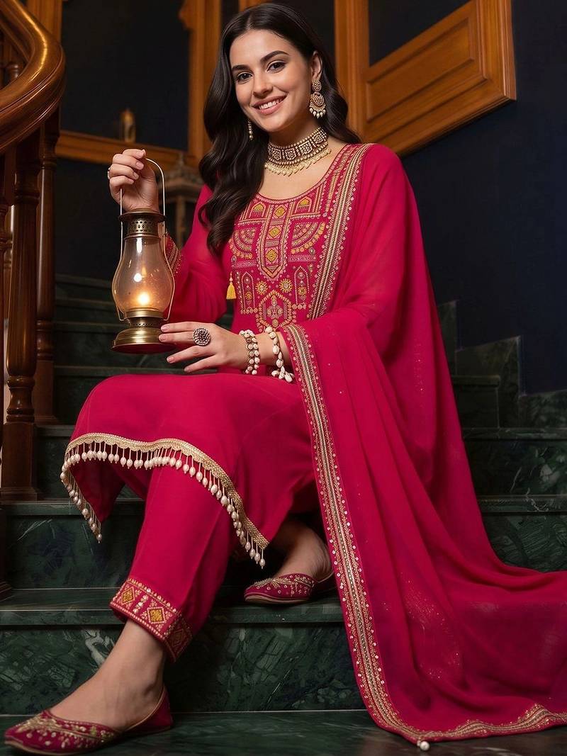 women ethnic motifs embroidered regular thread work kurta with trousers & with dupatta