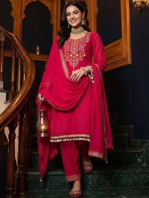 women ethnic motifs embroidered regular thread work kurta with trousers & with dupatta 6