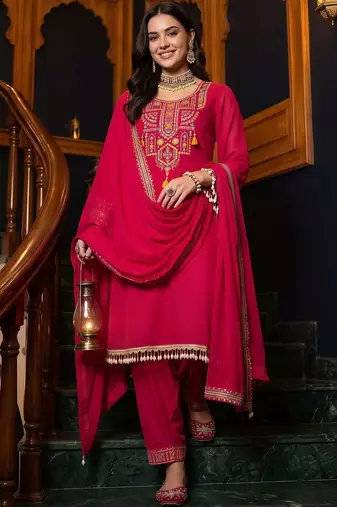 women ethnic motifs embroidered regular thread work kurta with trousers & with dupatta