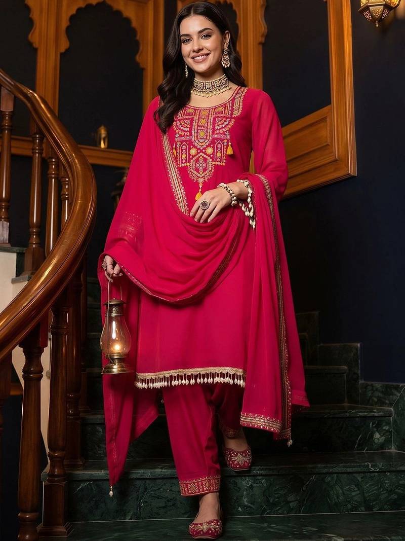 women ethnic motifs embroidered regular thread work kurta with trousers & with dupatta
