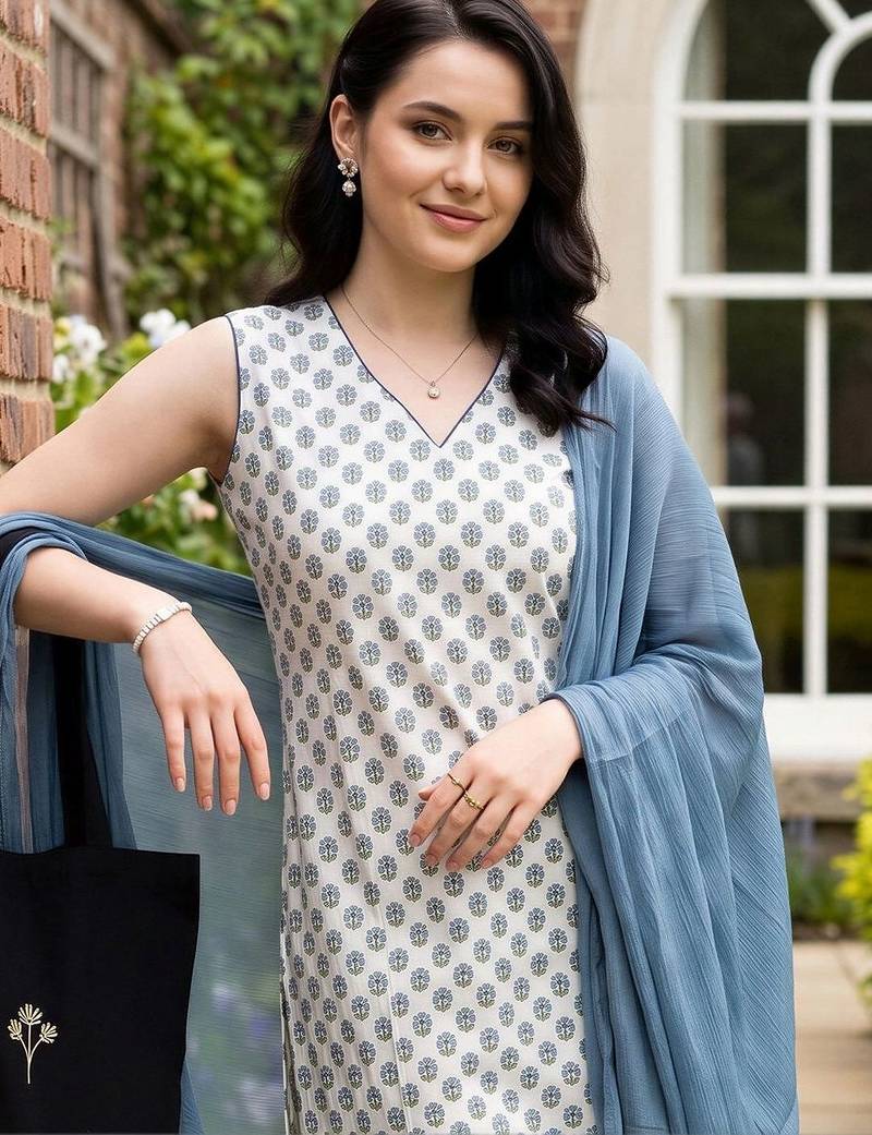 women ethnic motifs printed regular cotton kurta with trousers & with dupatta