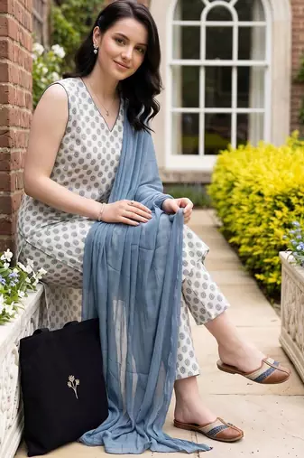 women ethnic motifs printed regular cotton kurta with trousers & with dupatta