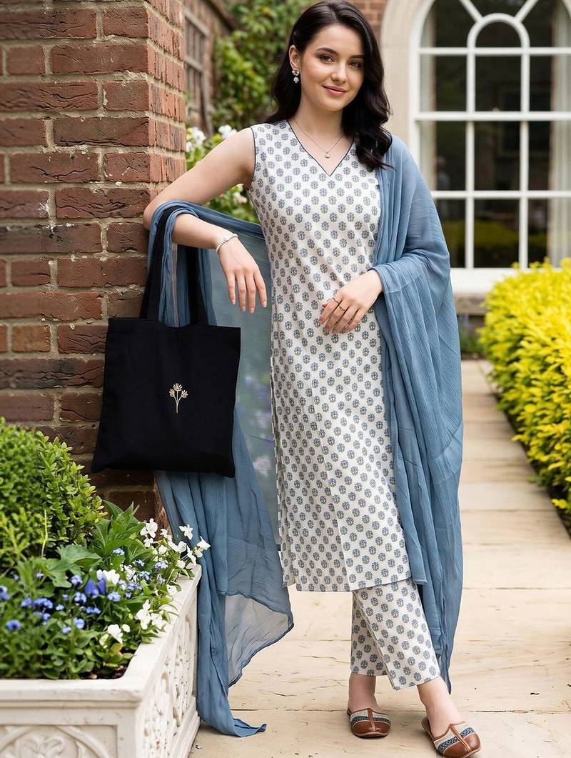 women ethnic motifs printed regular cotton kurta with trousers & with dupatta