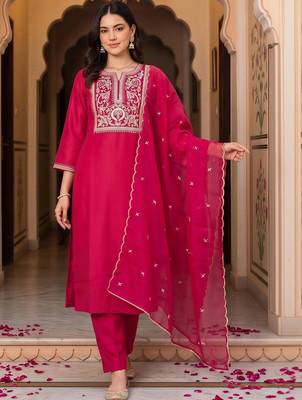 women ethnic motifs embroidered regular thread work liva kurta with trousers & with dupatta 1