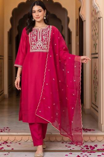 women ethnic motifs embroidered regular thread work liva kurta with trousers & with dupatta