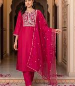 women ethnic motifs embroidered regular thread work liva kurta with trousers & with dupatta