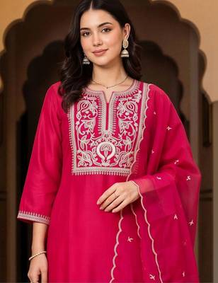 women ethnic motifs embroidered regular thread work liva kurta with trousers & with dupatta 2