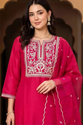 women ethnic motifs embroidered regular thread work liva kurta with trousers & with dupatta