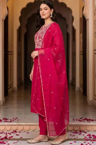 women ethnic motifs embroidered regular thread work liva kurta with trousers & with dupatta