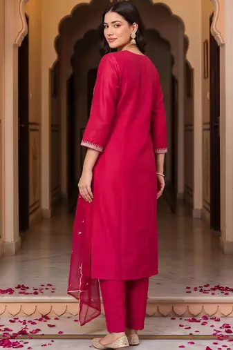 women ethnic motifs embroidered regular thread work liva kurta with trousers & with dupatta