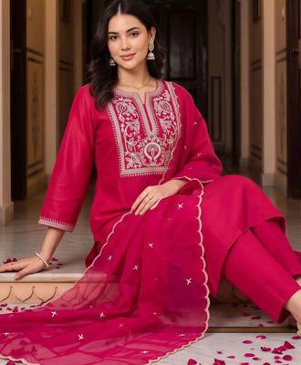 women ethnic motifs embroidered regular thread work liva kurta with trousers & with dupatta 5