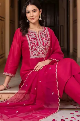 women ethnic motifs embroidered regular thread work liva kurta with trousers & with dupatta