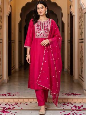 women ethnic motifs embroidered regular thread work liva kurta with trousers & with dupatta 6