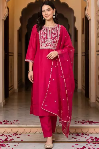 women ethnic motifs embroidered regular thread work liva kurta with trousers & with dupatta