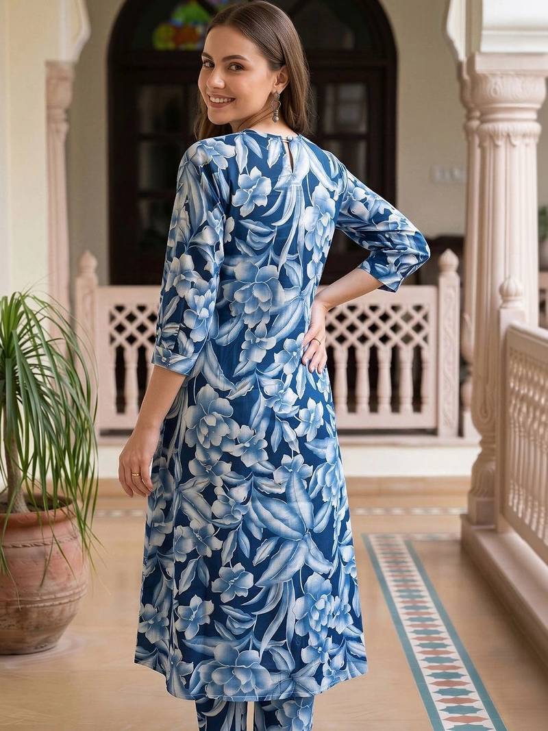 women floral printed pleated cotton kurta with trousers