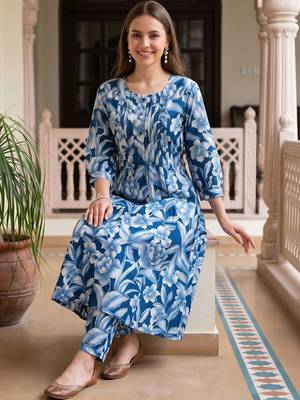 women floral printed pleated cotton kurta with trousers 5