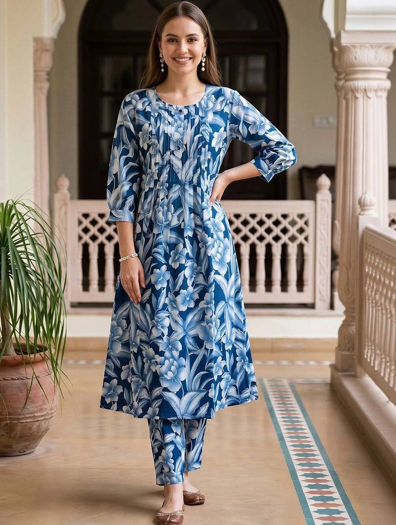 women floral printed pleated cotton kurta with trousers