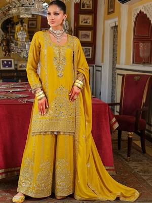 women ethnic motifs embroidered regular thread work kurta with palazzos & with dupatta 1