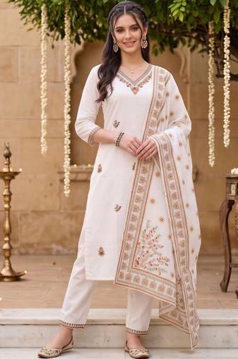women ethnic motifs embroidered regular thread work cotton kurta with trousers & with dupatta