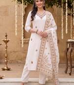 women ethnic motifs embroidered regular thread work cotton kurta with trousers & with dupatta